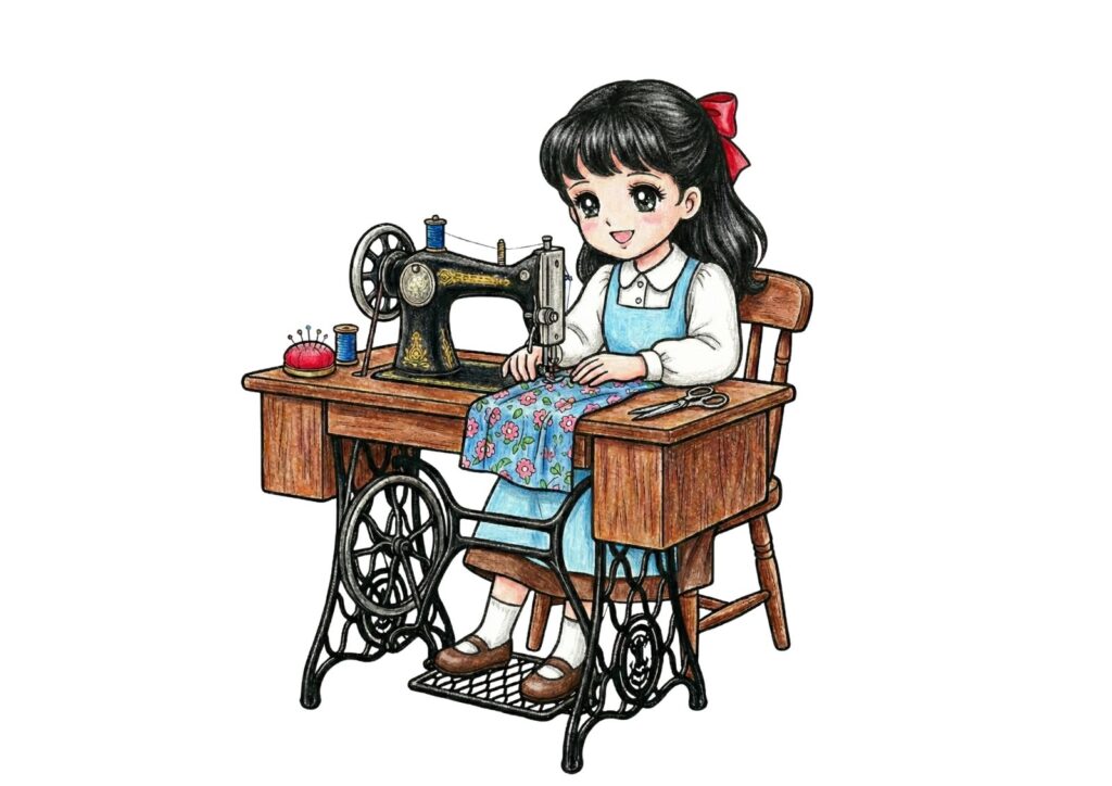 昭和レトロな女の子の塗り絵イラスト カラー見本（無料・印刷OK）