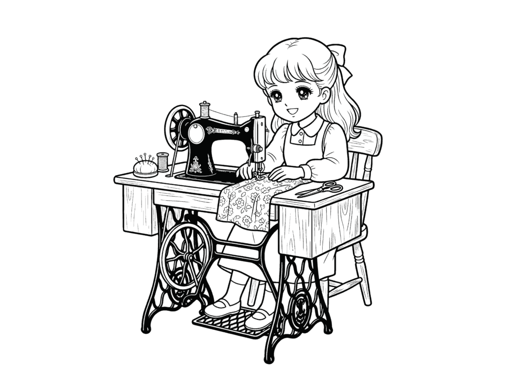 昭和レトロな女の子の塗り絵 白黒 無料ダウンロード 印刷用