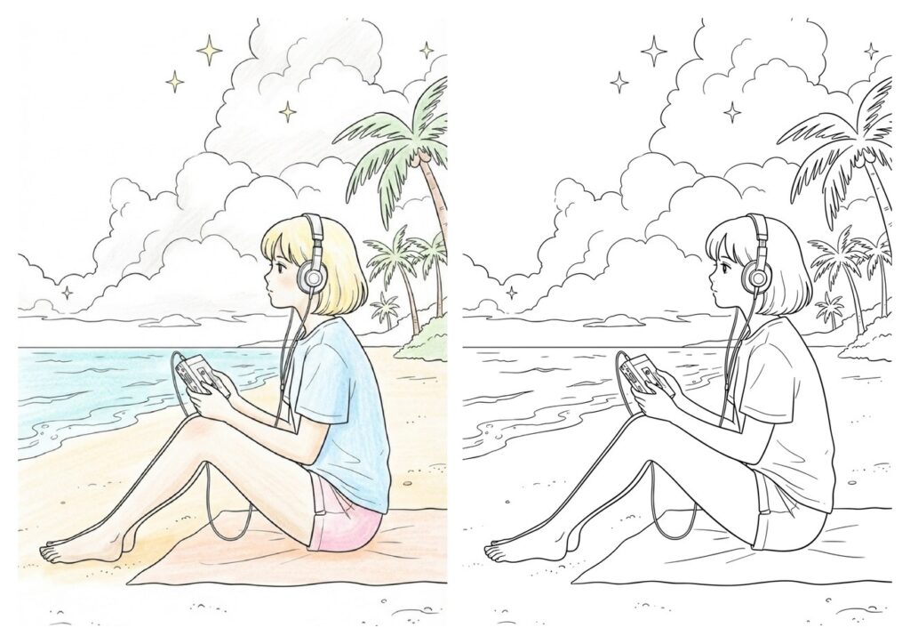 平成レトロ・シティポップ風の塗り絵 海辺でカセットテープを聴く女の子 塗り絵 無料ダウンロード