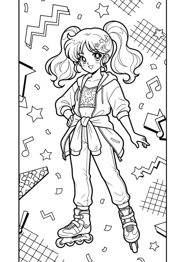 平成レトロ・シティポップ風の塗り絵 ローラースケートの女の子(白黒線画)