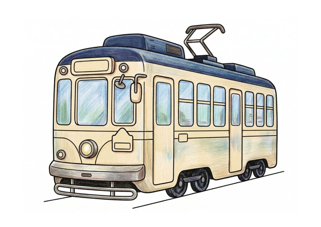 路面電車の塗り絵イラスト カラー見本（無料・印刷OK）