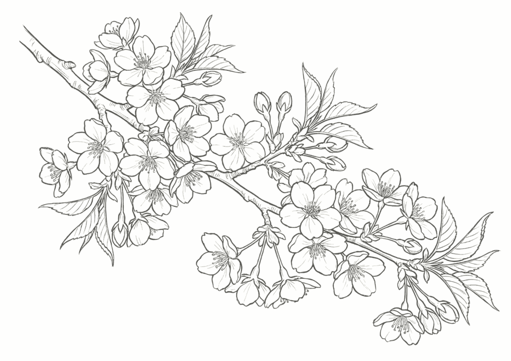春の花・サクラの塗り絵 白黒 無料ダウンロード 印刷用