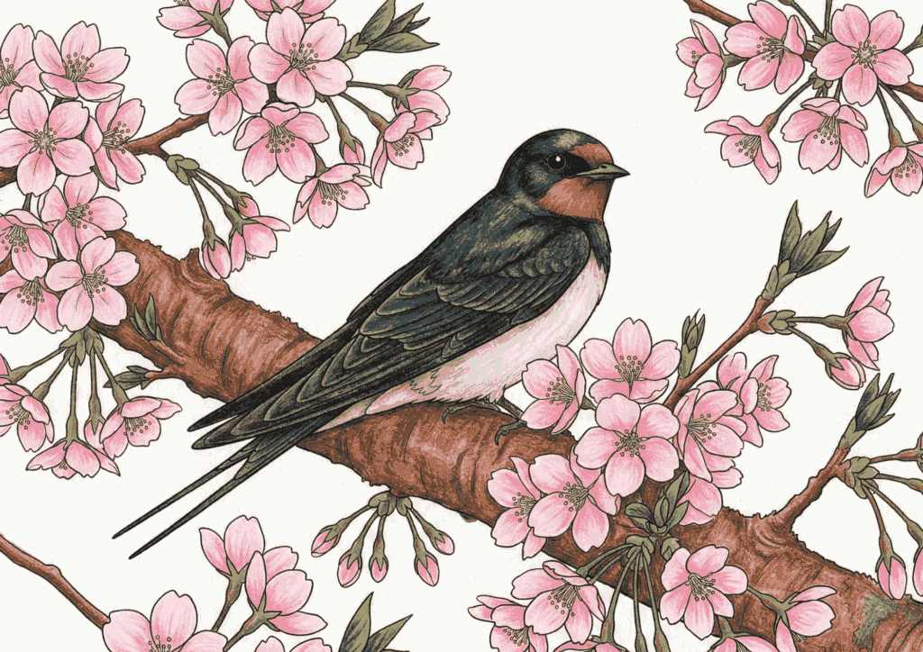 桜とつばめの無料塗り絵イラスト素材｜大人向け春のフリー画像ダウンロード