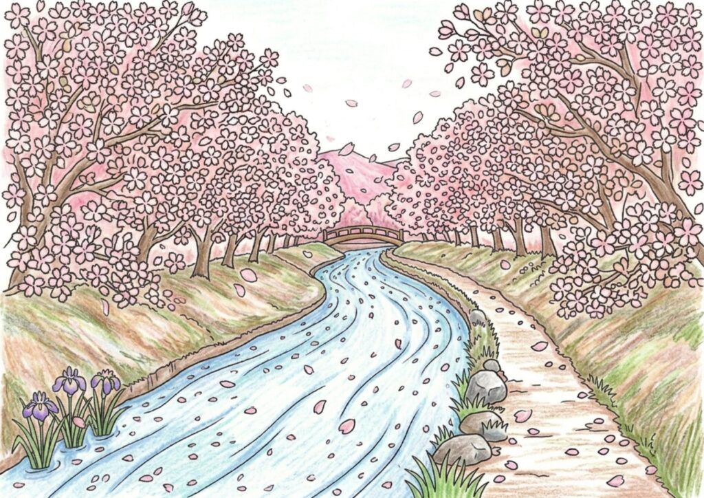 桜並木と川の風景の塗り絵イラスト カラー見本（無料・印刷OK）