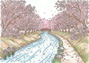 桜並木と川の風景の塗り絵イラスト カラー見本（無料・印刷OK）