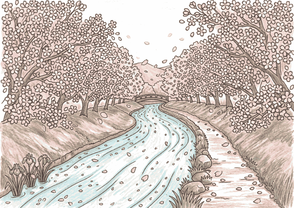 sakuragawa hashi cherry blossom river bridge nurie color 20260327