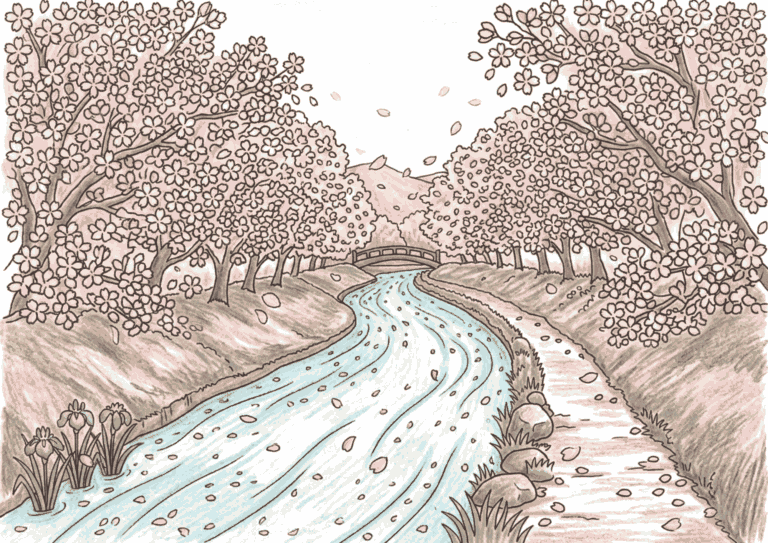 桜並木と川の風景の塗り絵イラスト
