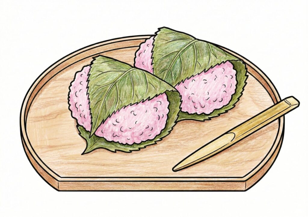 桜餅の塗り絵イラスト カラー見本（無料・印刷OK）