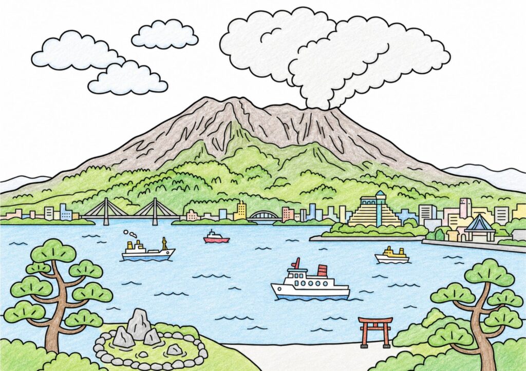 桜島（さくらじま）の塗り絵イラスト カラー見本（無料・印刷OK）