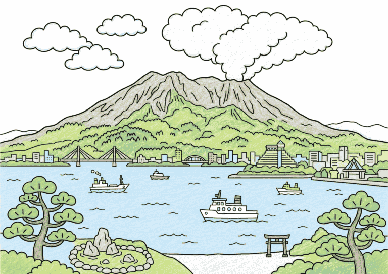 桜島（さくらじま）の塗り絵イラスト