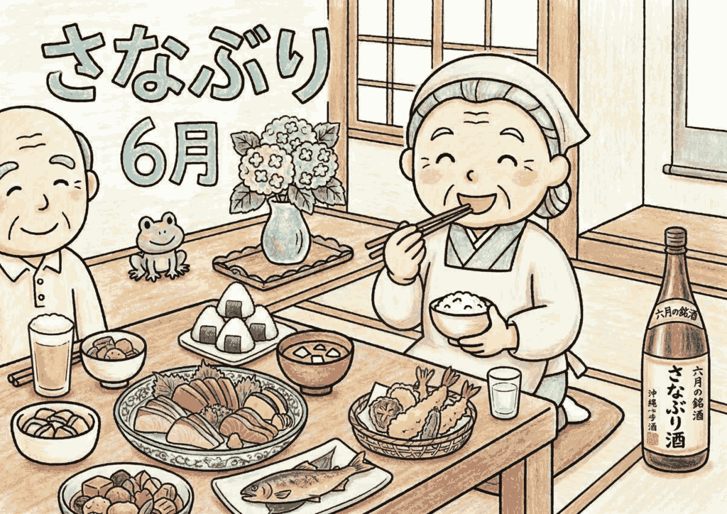 さなぶりの塗り絵イラスト カラー見本 田植え祝い 6月 おばあさん ごちそう