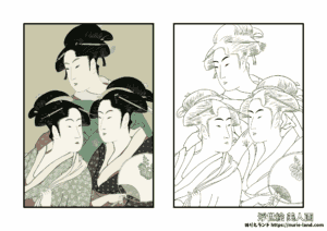 浮世絵／美人画／三美人／塗り絵／江戸時代／高齢者向け／無料ダウンロード／線画素材／喜多川歌麿風