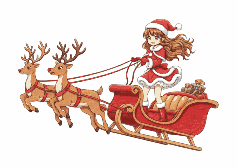 サンタガールとトナカイのそりの塗り絵イラスト