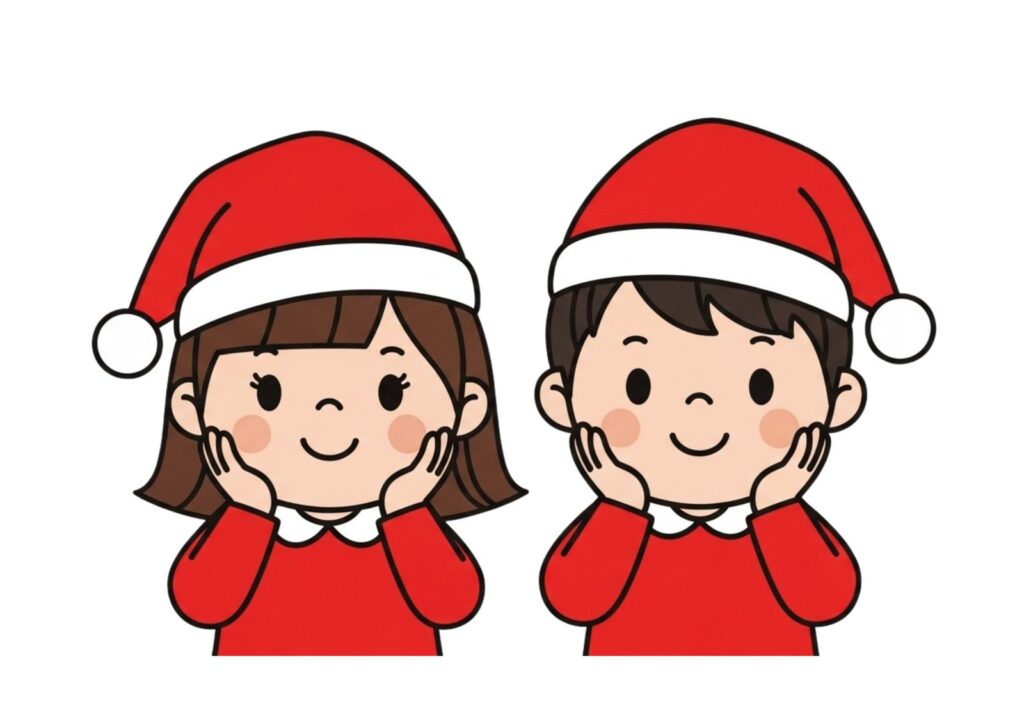 サンタ帽の子どもたちの塗り絵イラスト カラー見本（無料・印刷OK）