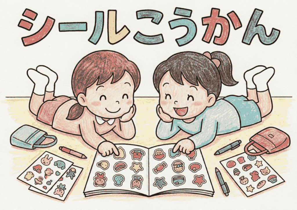 シールこうかんの塗り絵イラスト｜無料ダウンロード｜幼児向け｜白黒｜フリー画像素材