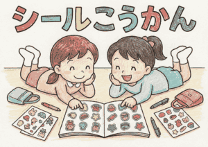 シールこうかんの塗り絵イラスト｜無料ダウンロード｜幼児向け｜白黒｜フリー画像素材