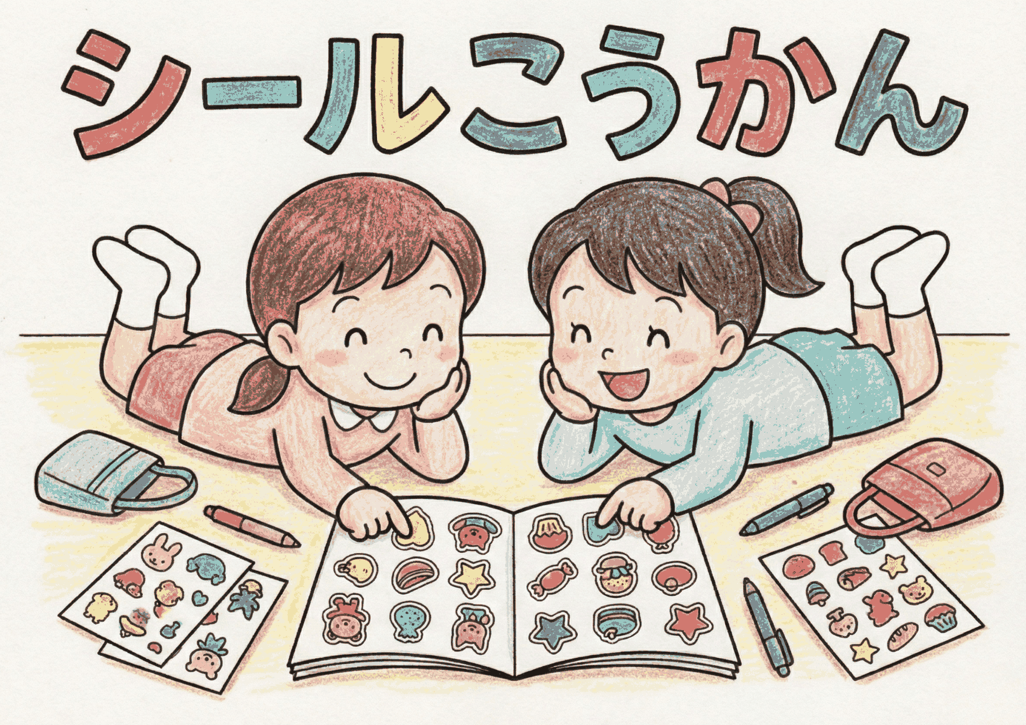 シールこうかんの塗り絵イラスト｜無料ダウンロード｜幼児向け｜白黒｜フリー画像素材