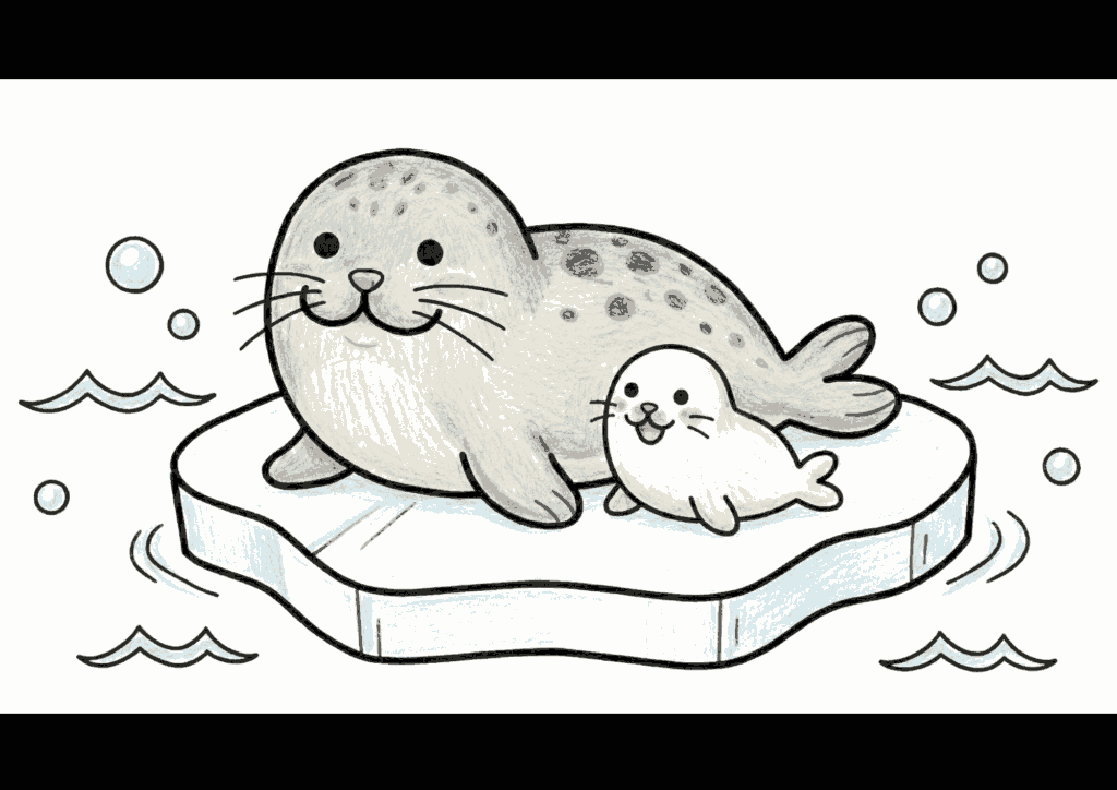 水族館で人気の親子あざらしが寄り添うかわいい無料ダウンロード塗り絵イラスト白黒フリー画像素材