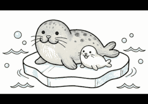 水族館で人気の親子あざらしが寄り添うかわいい無料ダウンロード塗り絵イラスト白黒フリー画像素材