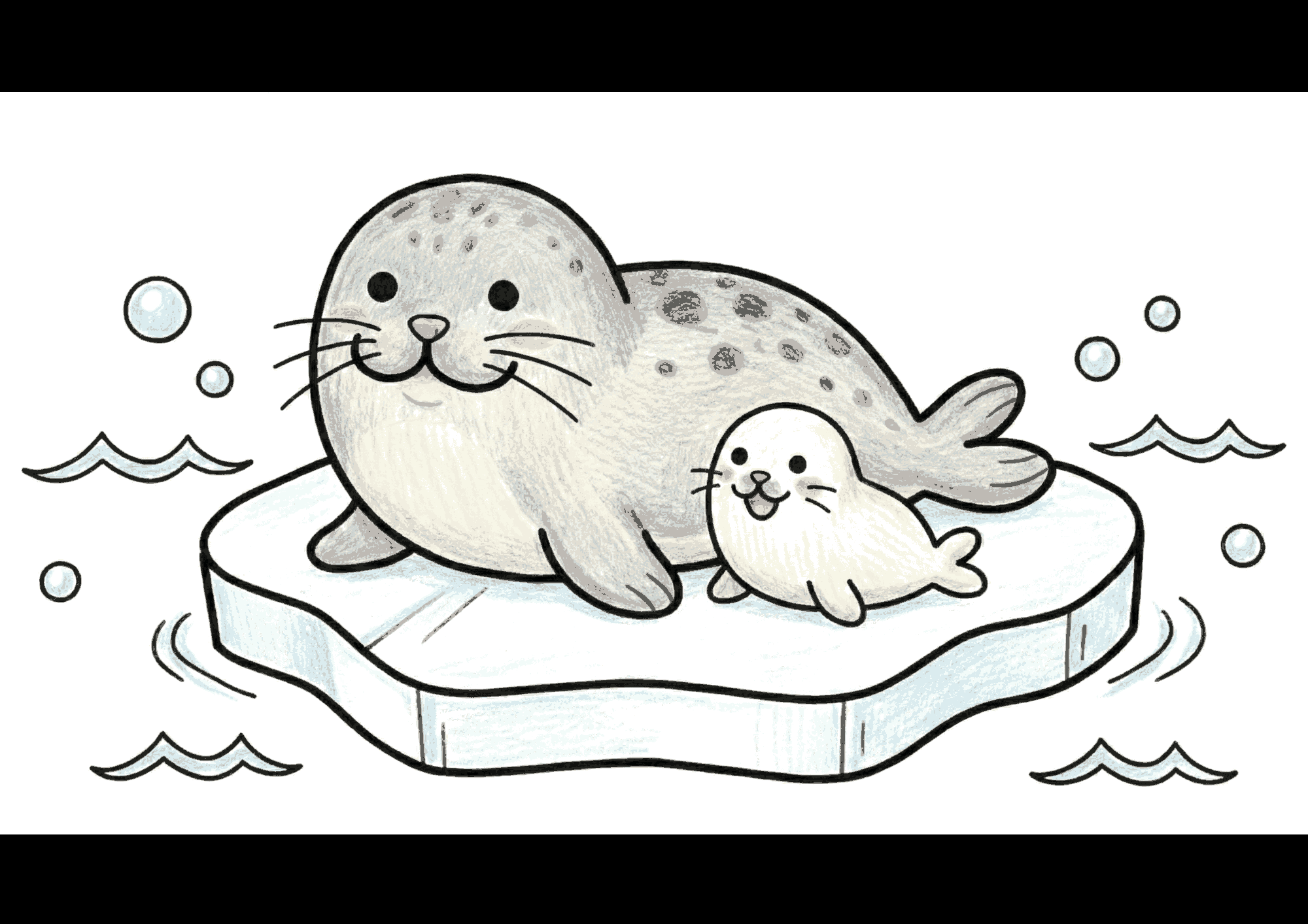 水族館で人気の親子あざらしが寄り添うかわいい無料ダウンロード塗り絵イラスト白黒フリー画像素材