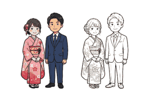 成人式の塗り絵｜振袖とスーツの男女イラスト｜高齢者向け回想レクリエーション素材｜無料ダウンロード
