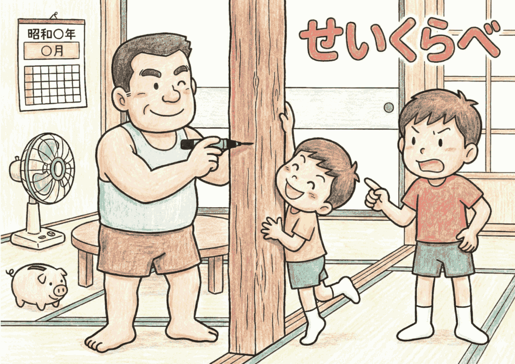 昭和のせいくらべ（柱の身長記録）の見本イラスト｜無料ダウンロードできるフリー画像素材