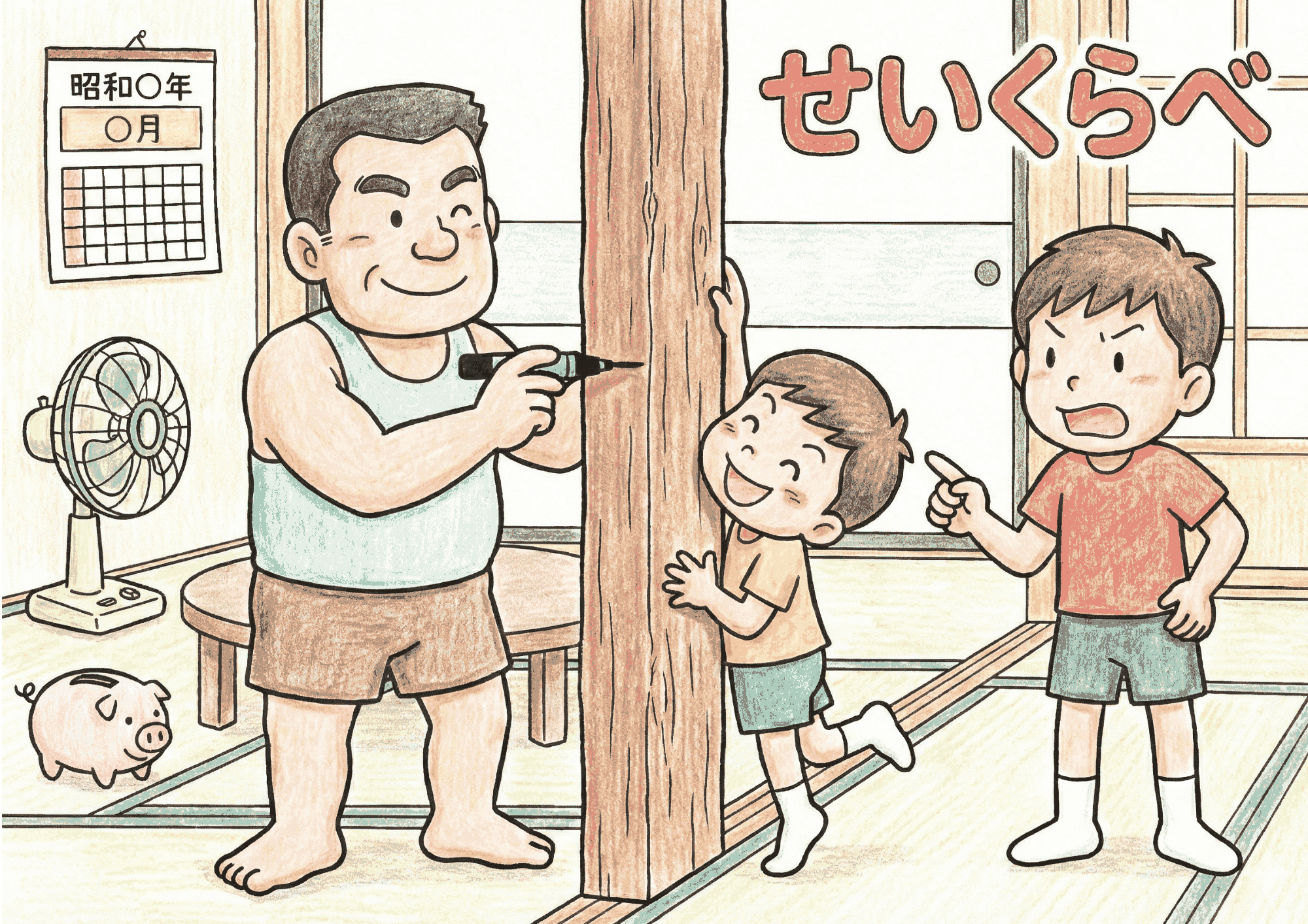 昭和のせいくらべ(柱の身長記録)の見本イラスト|無料ダウンロードできるフリー画像素材