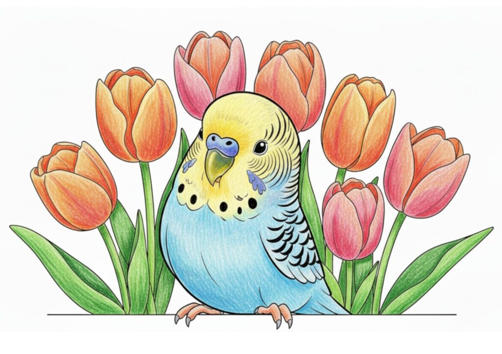 セキセイインコとチューリップの塗り絵イラスト カラー見本（無料・印刷OK）