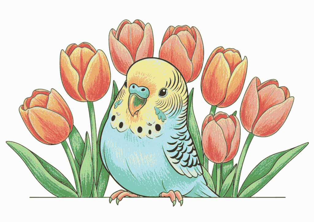 セキセイインコとチューリップの無料ぬりえイラスト｜高齢者向け｜春の花｜色鉛筆仕上げ｜ダウンロード