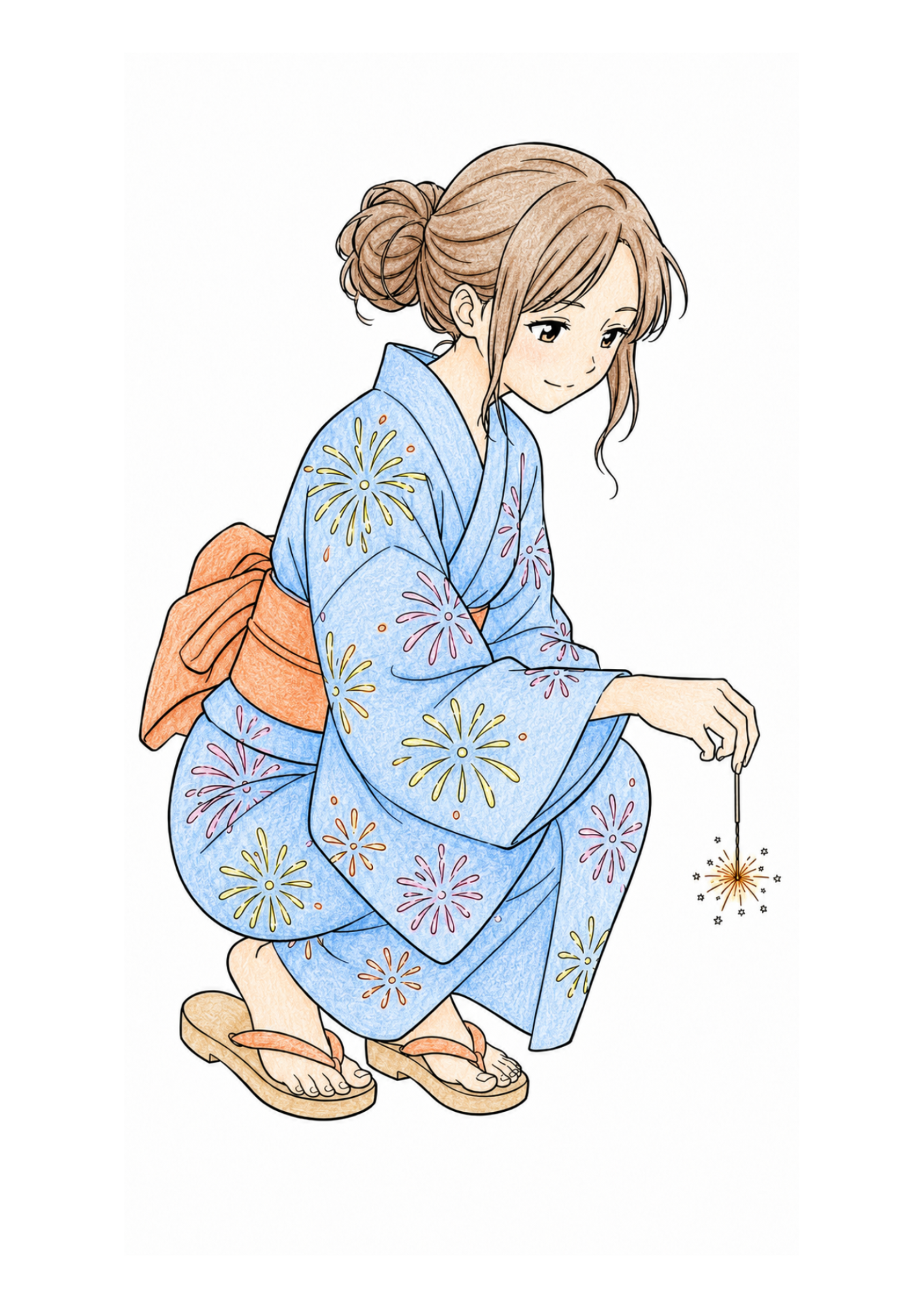 線香花火をする着物の女性の塗り絵イラスト カラー見本（無料・印刷OK）