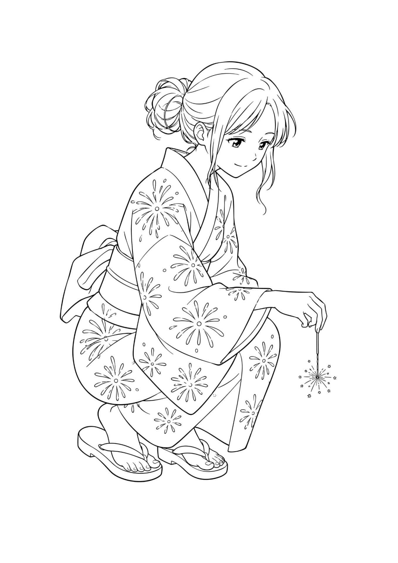 線香花火をする着物の女性の塗り絵イラスト 白黒線画 印刷用（無料）