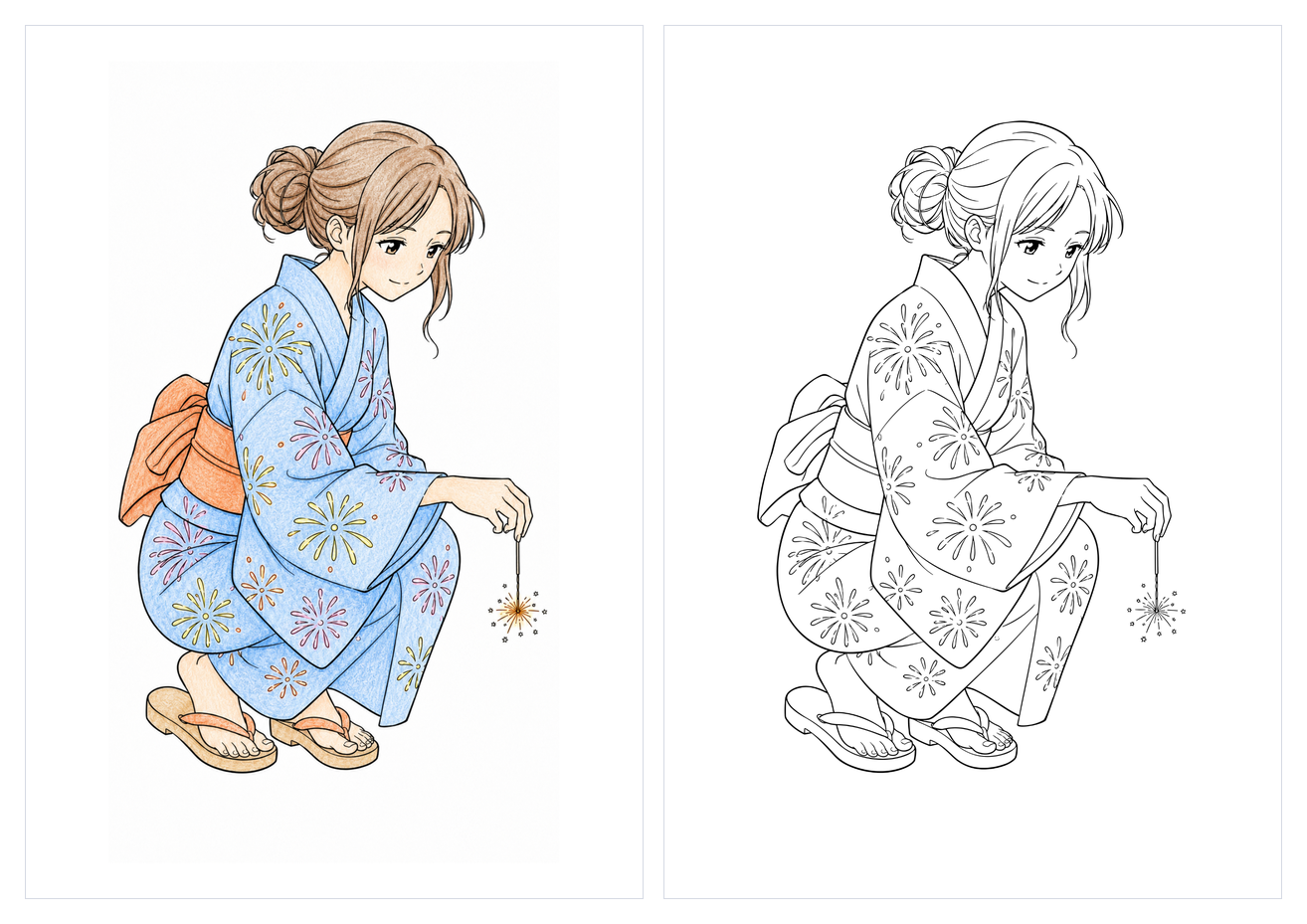 線香花火をする着物の女性の塗り絵イラスト カラー見本と白黒線画