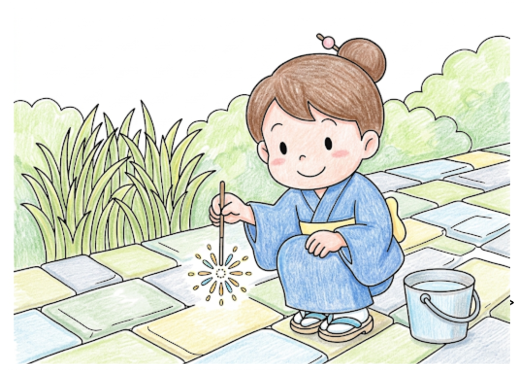 線香花火をする浴衣の女の子の塗り絵イラスト カラー見本（無料・印刷OK）