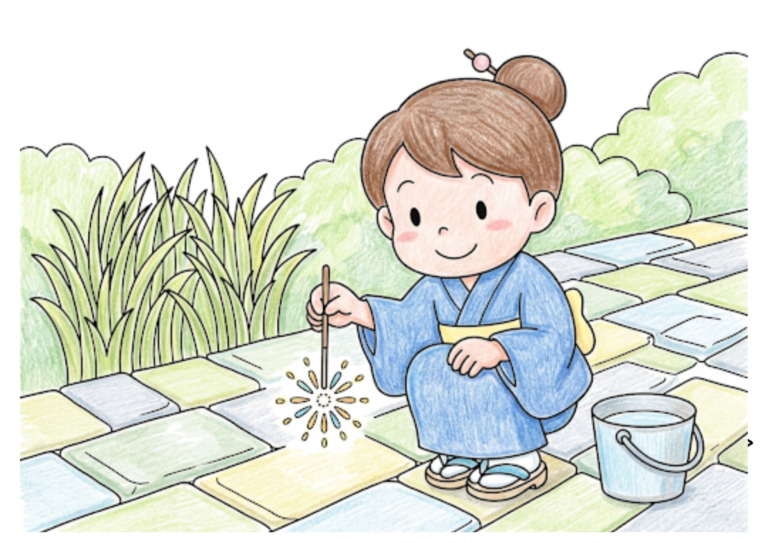 線香花火をする浴衣の女の子の塗り絵イラスト