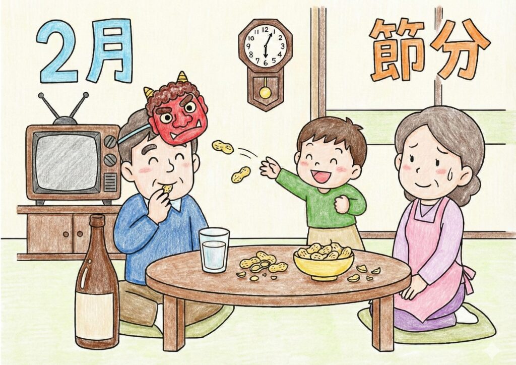 豆まきの塗り絵イラスト カラー見本（無料・印刷OK）
