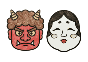 節分のお面ぬりえイラスト｜無料ダウンロード｜塗り絵イラスト｜子供向け素材｜赤鬼とおかめ｜保育教材フリー画像