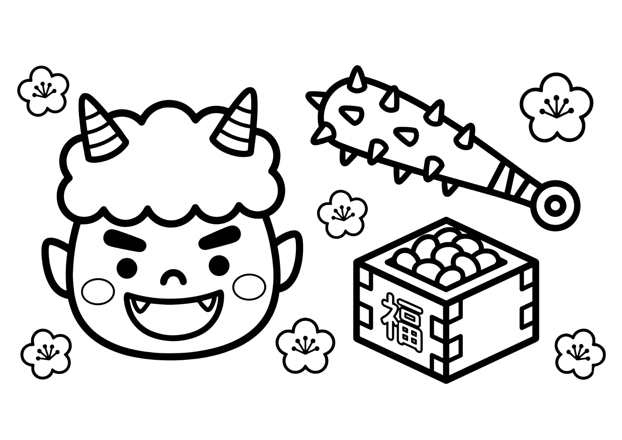 赤鬼・棍棒・福豆の塗り絵イラスト 白黒 無料ダウンロード 印刷用