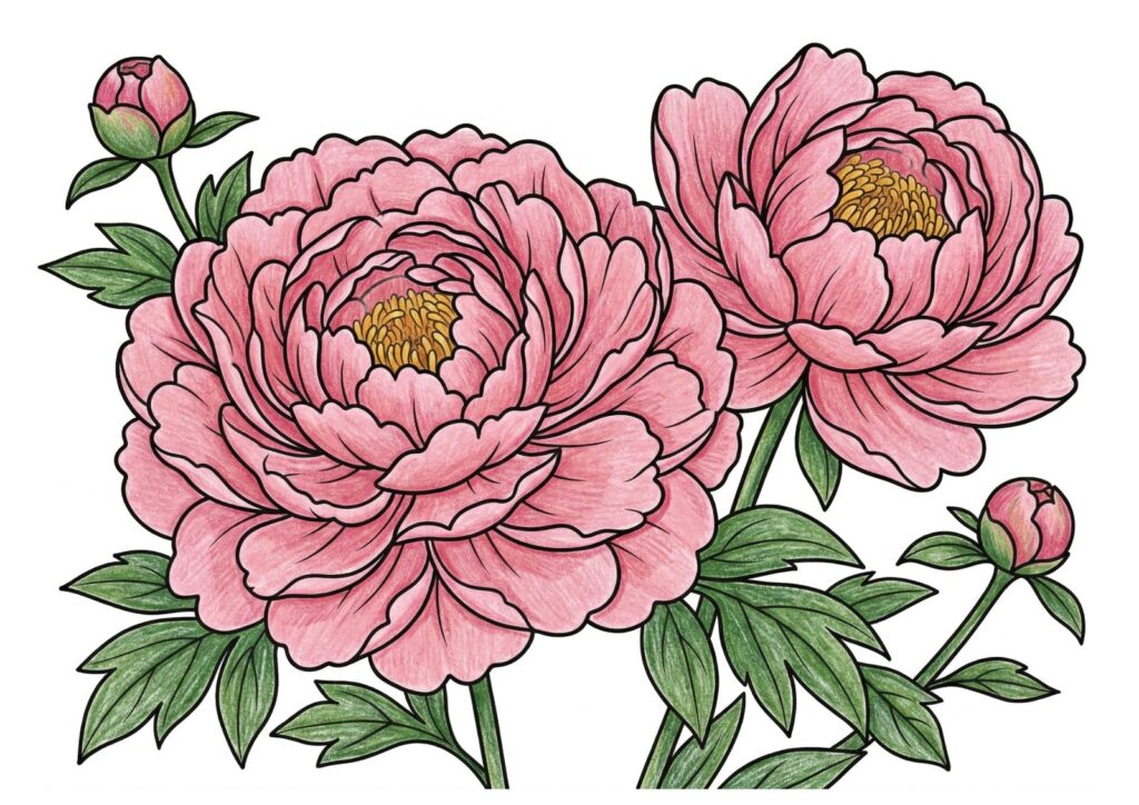 芍薬（シャクヤク）の塗り絵イラスト カラー見本（無料・印刷OK）