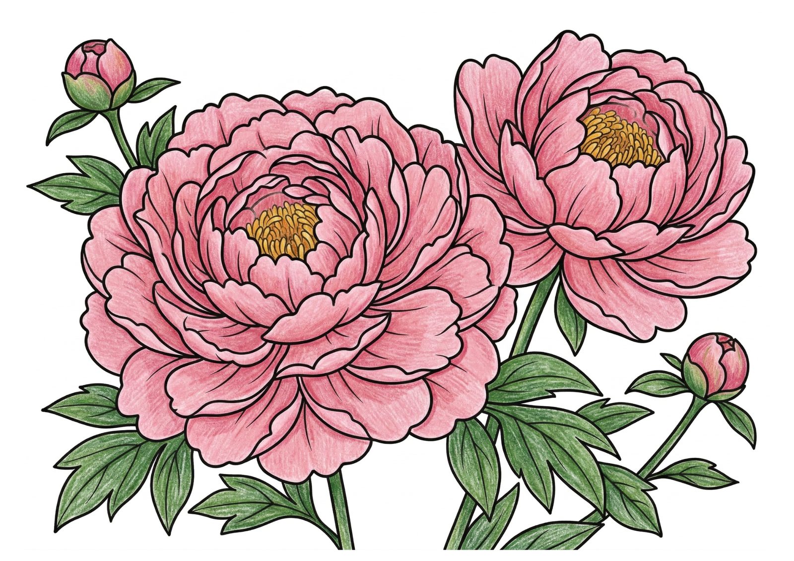 芍薬(シャクヤク)の塗り絵イラスト カラー見本(無料・印刷OK)