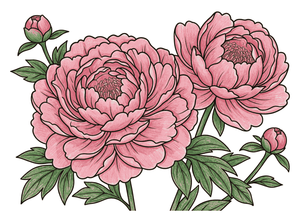 芍薬（しゃくやく）の塗り絵イラスト カラー見本 無料 ぬりえ