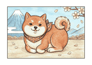 柴犬の無料ぬりえイラスト｜高齢者向け｜春の桜と富士山｜動物モチーフ｜ダウンロード