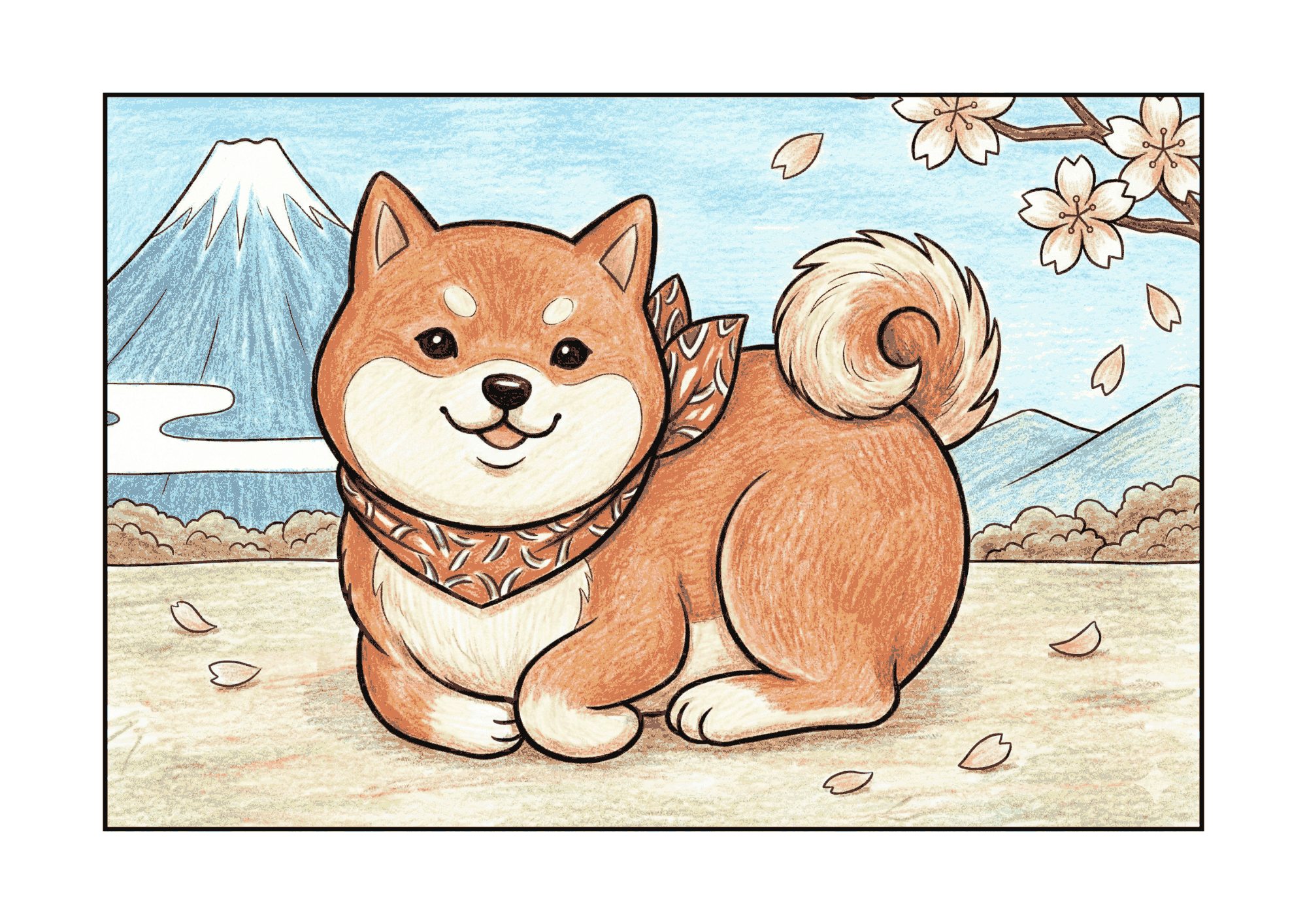 柴犬の無料ぬりえイラスト|高齢者向け|春の桜と富士山|動物モチーフ|ダウンロード