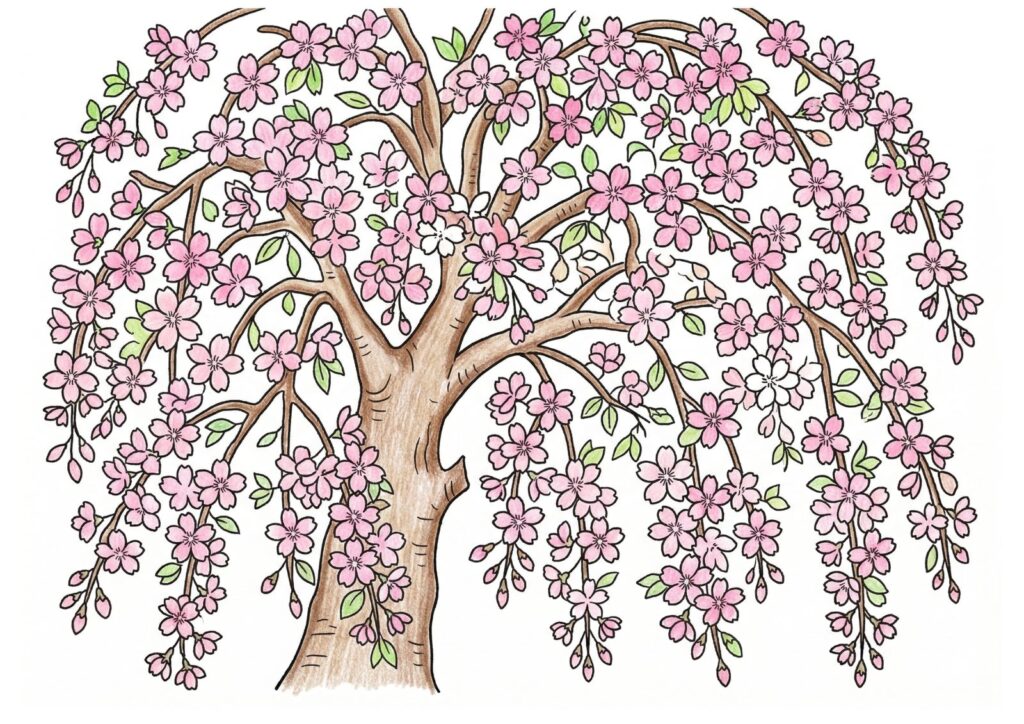 枝垂れ桜（シダレザクラ）の塗り絵イラスト カラー見本（無料・印刷OK）