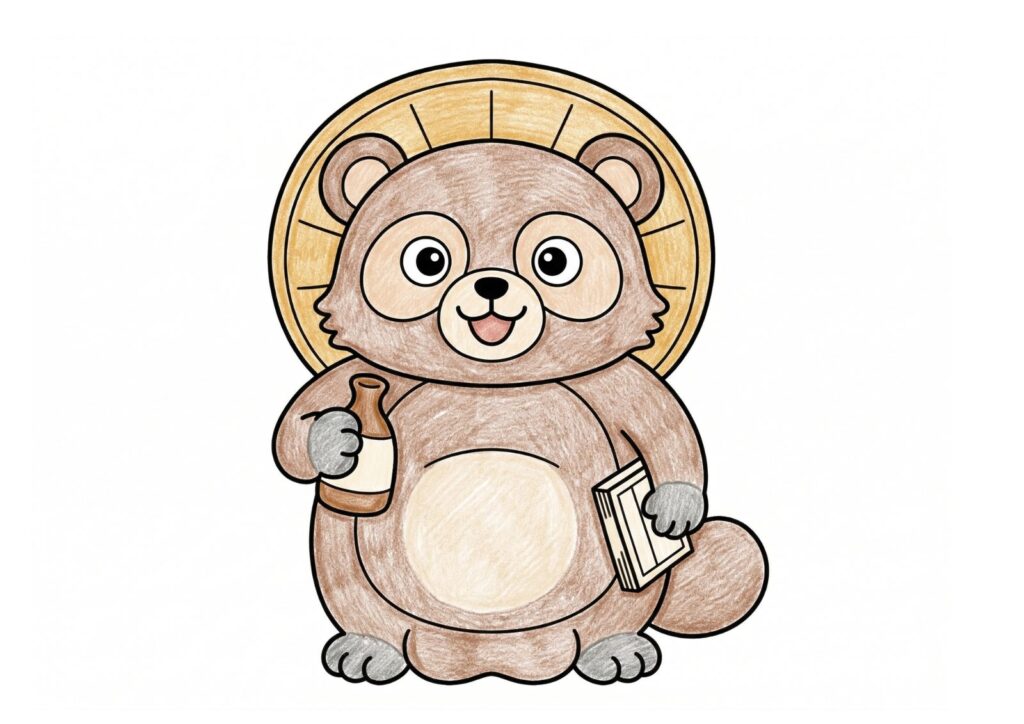 信楽焼のタヌキの塗り絵イラスト カラー見本（無料・印刷OK）