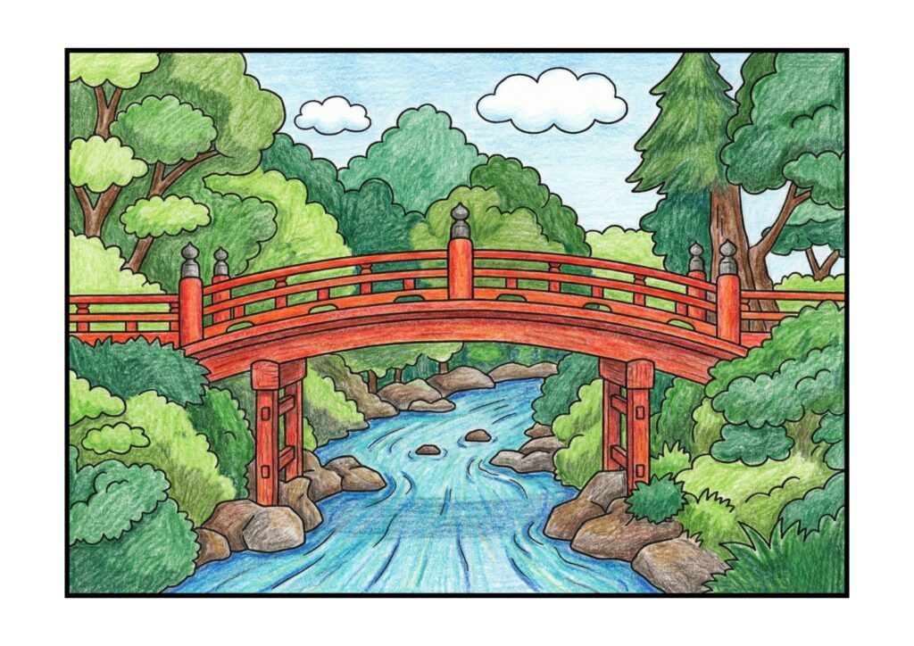 日光の赤い橋「神橋」の塗り絵イラスト カラー見本（無料・印刷OK）