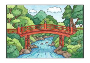 日光の赤い橋「神橋」の塗り絵イラスト カラー見本（無料・印刷OK）