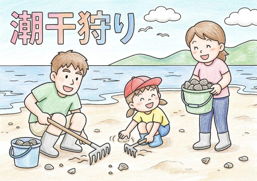 潮干狩りの塗り絵イラスト カラー見本（無料・印刷OK）