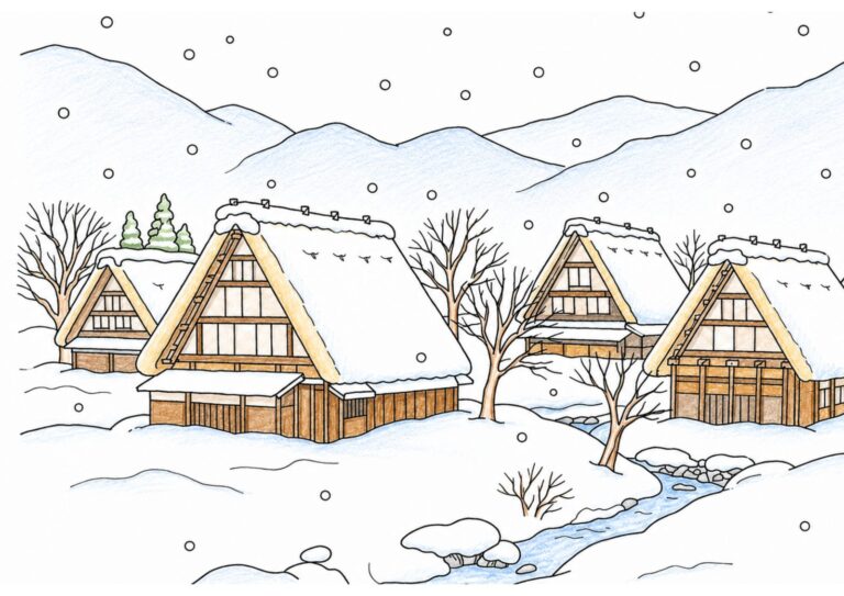 白川郷の塗り絵イラスト