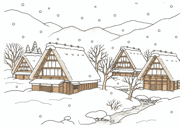 白川郷の塗り絵イラスト