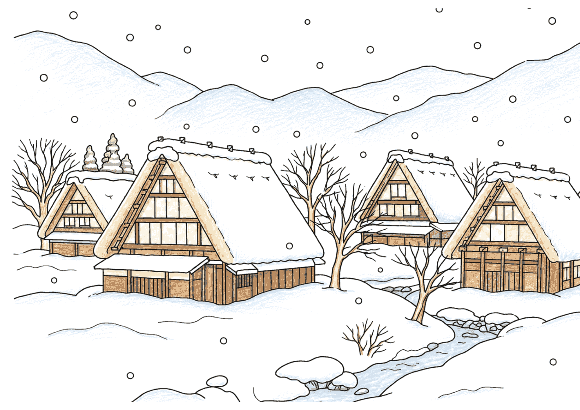 白川郷の塗り絵イラスト｜高齢者向け 無料ダウンロード・印刷OK